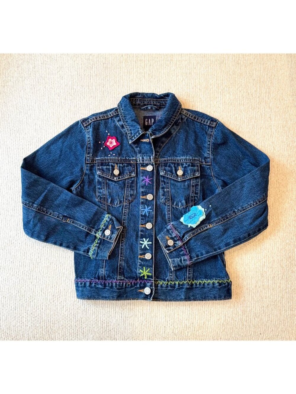 Vintage Y2K Gap Kids Girls Large Embroidered Denim Jacket Flowers Butterflies